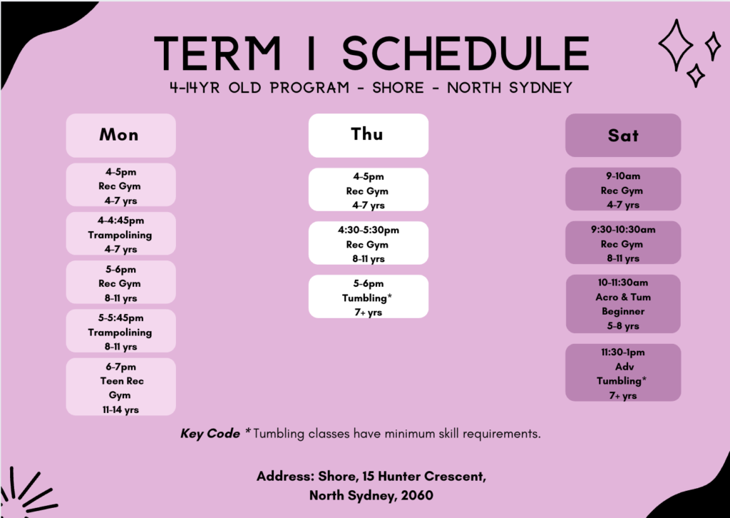 Onyx Gymnastics, Sydney Gymnastics (Ages 4-14) programs timetable.